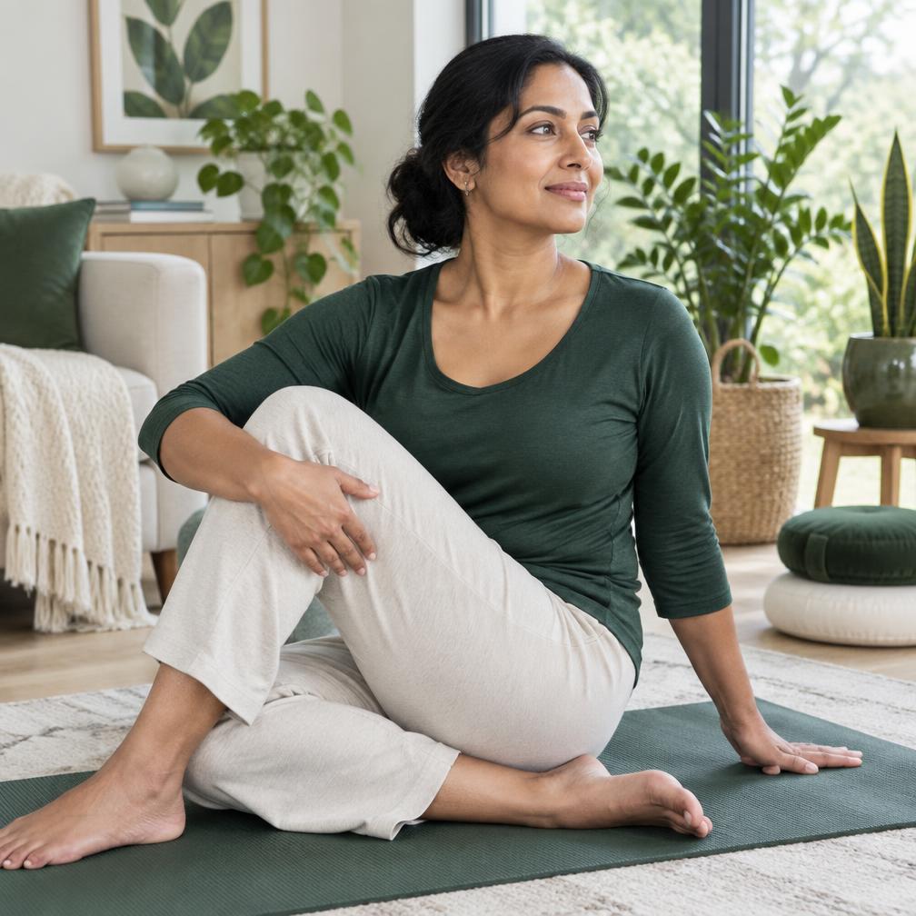 A woman following a calm and sustainable wellness routine